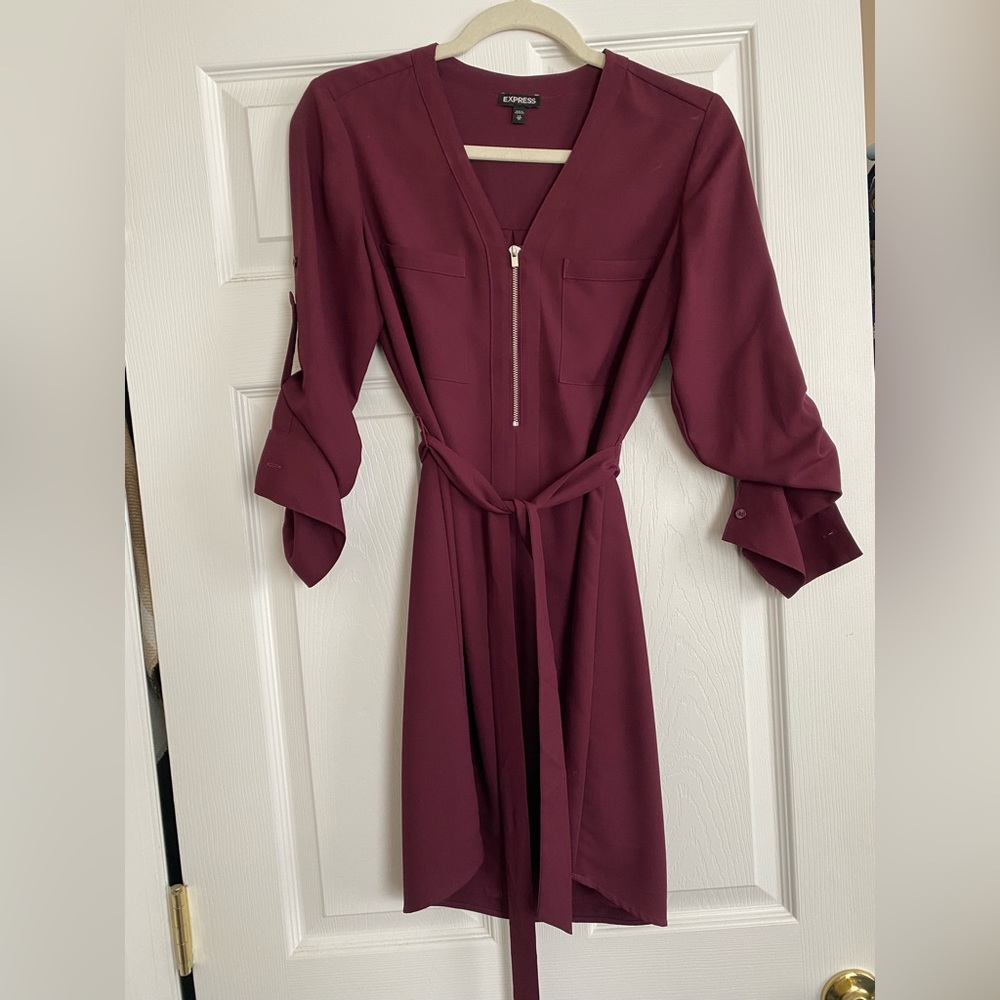 Burgundy shirt dress with tie waist